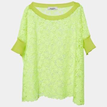 Pre Owned Valentino Neon Yellow Lace Top L