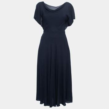 Pre Owned Valentino Navy Blue Chiffon Silk Sleeveless Midi Dress S