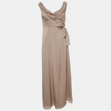 Pre Owned Valentino Light Brown Silk Chiffon Belted Maxi Dress M