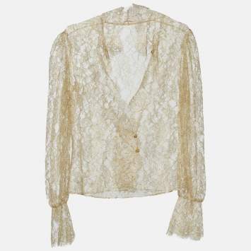 Pre Owned Valentino Gold Floral Lurex Lace Shirt M