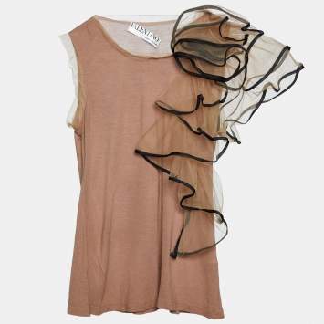 Pre Owned Valentino T-Shirt Couture Brown Knit & Floral Tulle Sleeveless T-Shirt S