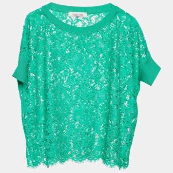 Pre Owned Valentino Green Lace Knit Trim Detail Oversized Crop Top S