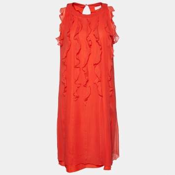 Pre Owned Valentino Red Silk Chiffon Ruffle Detail Sleeveless Mini Dress S