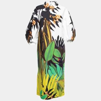 Pre Owned Valentino White Jungle Print Cotton Puff Sleeve Midi Dress M
