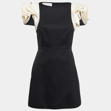 Pre Owned Valentino Techno Couture Black/White Wool Overlapped Short Sleeve Mini Dress S