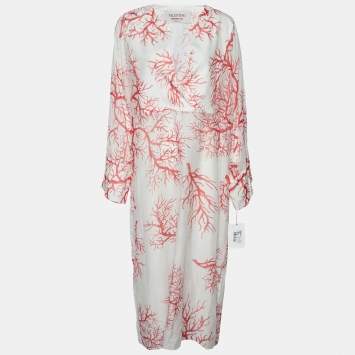 Pre Owned Valentino Archive '68 White Printed Cotton & Silk Midi Dress M