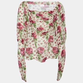 Pre Owned Valentino Beige Floral Printed Silk Chiffon Ruched Long Sleeve Top M