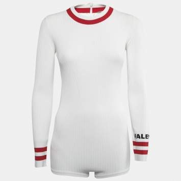 Pre Owned Valentino White Ribbed Knit Long Sleeve Bodysuit S