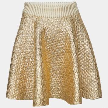 Pre Owned Valentino Gold Coated Wool Knit Flared Mini Skirt XS