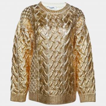 Pre Owned Valentino Metallic Gold Cable Knit Wool Jumper S