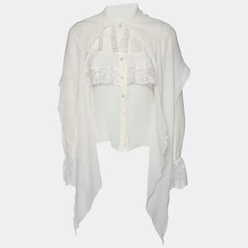 Pre Owned Valentino Off White Silk & Lace Necktie Detail Shirt M
