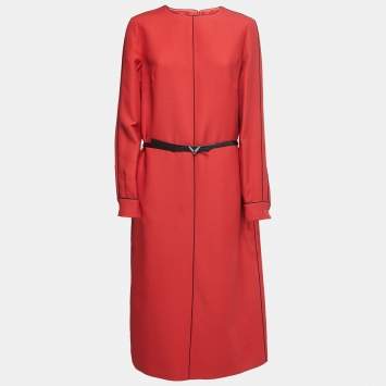 Pre Owned Valentino Red Crepe Long Sleeve Belted Midi Dress L