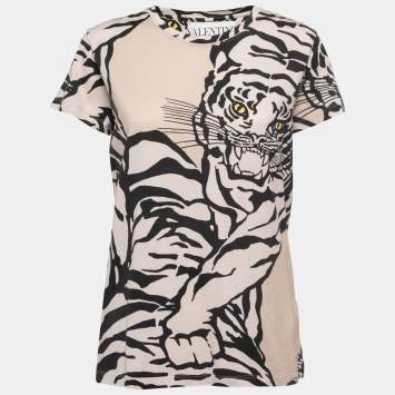 Pre Owned Valentino 1967 Beige Tiger Print Cotton Short Sleeve T-Shirt L