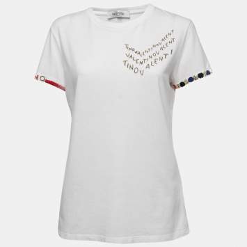 Pre Owned Valentino White Cotton Logo Embellished Crew Neck Short Sleeve T-Shirt L