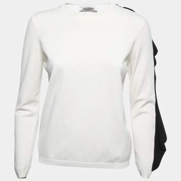 Pre Owned Valentino White Knit Contrast Frill Detail Sleeve Top L