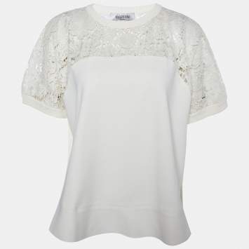 Pre Owned Valentino Off White Lace & Knit Paneled Oversized T-Shirt L