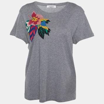 Pre Owned Valentino Grey Cotton Knit Floral Patch Detail T-Shirt XL