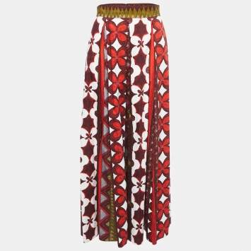 Pre Owned Valentino Multicolor Printed Cotton & Linen Pleated Maxi Skirt M