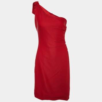 Pre Owned Valentino Red Crepe Bow Detail One Shoulder Mini Dress M