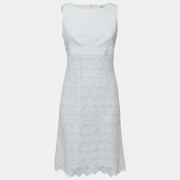 Pre Owned Valentino White Cotton Guipure Lace Paneled Sleeveless Dress M