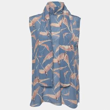 Pre Owned Valentino Blue Bird Printed Silk Neck Tie Detail Top M