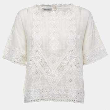 Pre Owned Valentino Cream Cotton & Lace Trim Top L