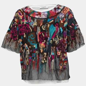 Pre Owned Valentino Multicolor Knit Crew Neck Half Sleeve Blouse M