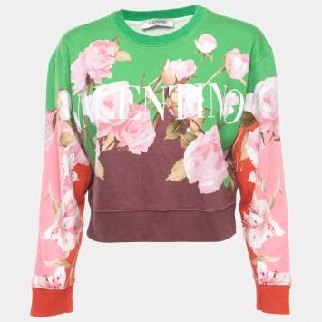 Pre Owned Valentino Multicolor VLTN Floral Print Cotton Knit Crew Neck Cropped Sweatshirt M