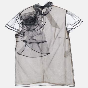 Pre Owned Valentino Black Floral Applique Tulle Top L