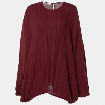 Pre Owned Valentino Burgundy Plisse Silk Butterfly Sleeve Top L