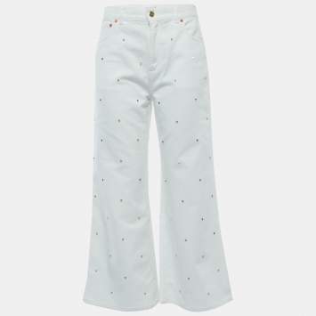 Pre Owned Valentino White Studded Denim Wide Leg Jeans M Waist 28" 
