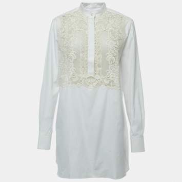 Pre Owned Valentino White Cotton & Lace Inset Tunic Top XL