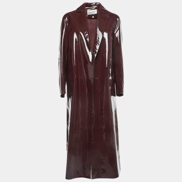 Pre Owned Valentino Burgundy Patent Leather Open Front Long Trench Coat M