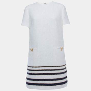 Pre Owned Valentino White/Blue Striped Patterned Tweed Shift Dress XL