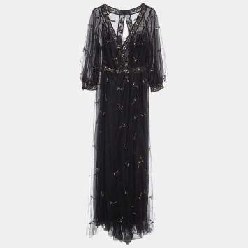 Pre Owned Valentino Black Embellished Tulle Faux Wrap Dress M