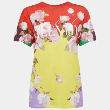 Pre Owned Valentino Multicolor Logo Flying Flowers Print Half Sleeve T-Shirt XS