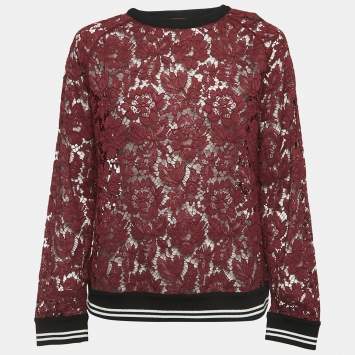 Pre Owned Valentino Burgundy Lace Crew Neck Sweatshirt M  