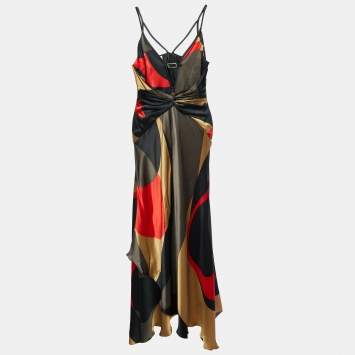 Pre Owned Valentino Multicolor printed Silk Satin Draped Gown L