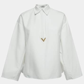 Pre Owned Valentino White Cotton V Logo Detailed Long Sleeve Polo Top M