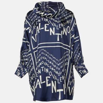 مملوكة مسبقًا Valentino Navy Blue Logo Printed Silk Oversized Neck Detail Top L