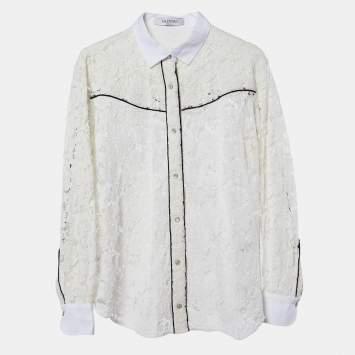 Pre Owned Valentino White Lace Contrast Detail Shirt L