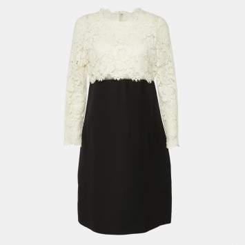 Pre Owned Valentino White Lace & Black Crepe Midi Dress L