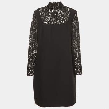 Pre Owned Valentino Black Wool Blend Lace Trimmed Turtle Neck Mini Dress XL