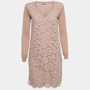 مملوكة مسبقًا Valentino Pale Pink Floral Lace & Wool Knit Long Sleeve Dress S