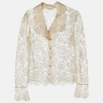 Pre Owned Valentino Gold Floral Lace Buttoned Lace Blouse M