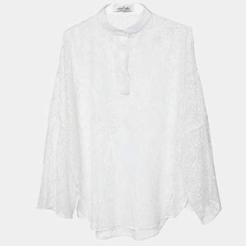Pre Owned Valentino White Lace Sheer Long Sleeve Blouse M