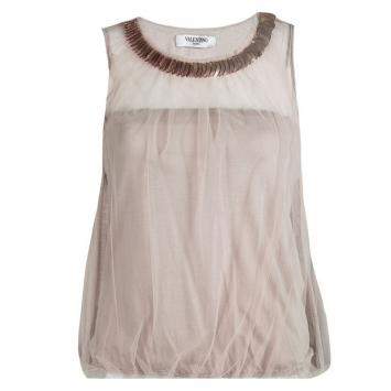 Pre Owned Valentino Beige Embellished Neck Detail Mesh Overlay Sleeveless Top S