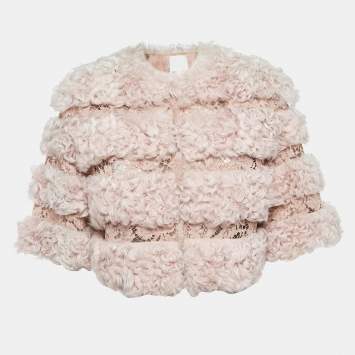 Pre Owned Valentino Light Pink Fur & Lace Short Sleeve Crop Jacket S