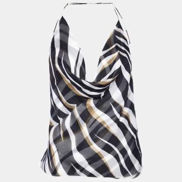 Pre Owned Valentino White/Black Printed Silk Cross Strap Camisole Top M