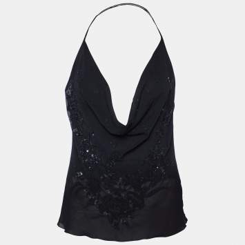 Pre Owned Valentino Black Silk Floral Embellished Camisole Top M
